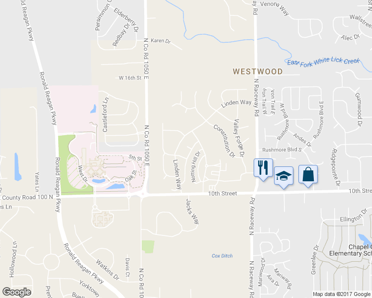 map of restaurants, bars, coffee shops, grocery stores, and more near 10677 Hoosier Court in Indianapolis