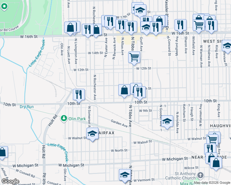 map of restaurants, bars, coffee shops, grocery stores, and more near 1045 North Berwick Avenue in Indianapolis