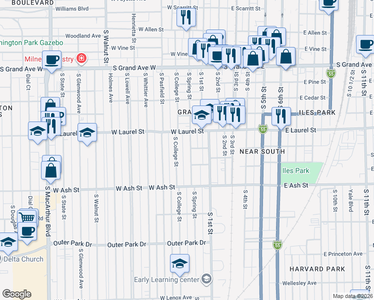 map of restaurants, bars, coffee shops, grocery stores, and more near 1801 South Spring Street in Springfield