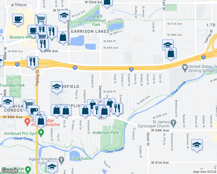 map of restaurants, bars, coffee shops, grocery stores, and more near 4632 Flower Street in Wheat Ridge