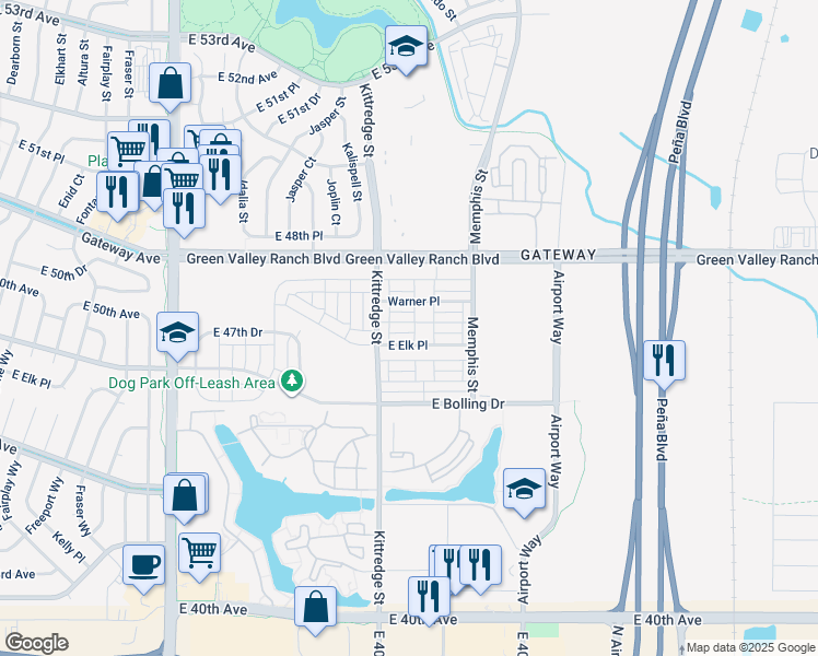 map of restaurants, bars, coffee shops, grocery stores, and more near 16058 East Elk Drive in Denver