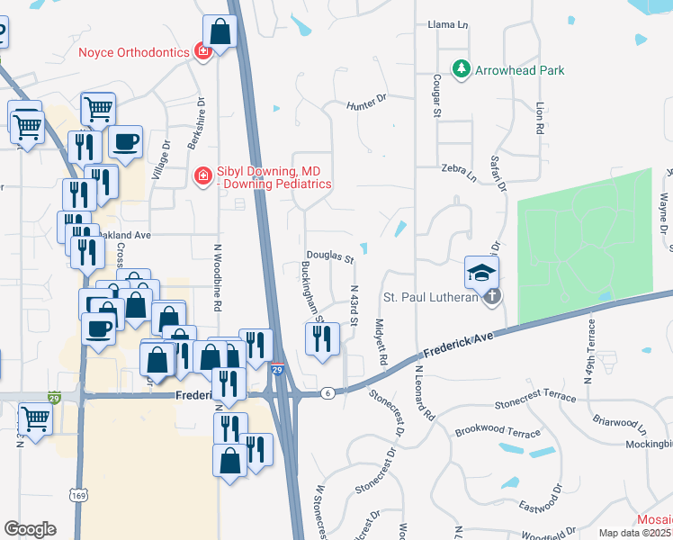 map of restaurants, bars, coffee shops, grocery stores, and more near 1517 North 42nd Terrace in Saint Joseph
