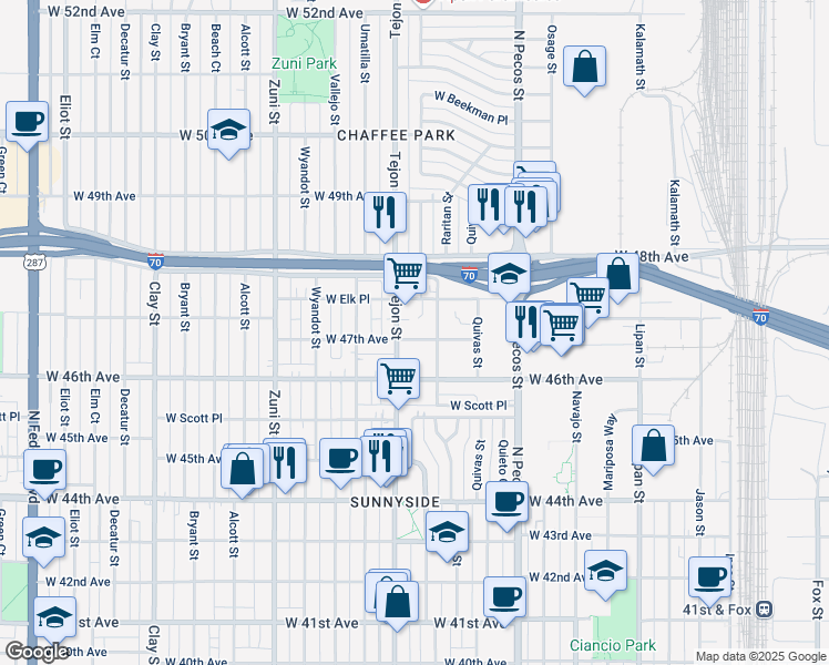 map of restaurants, bars, coffee shops, grocery stores, and more near 1935 West 47th Avenue in Denver