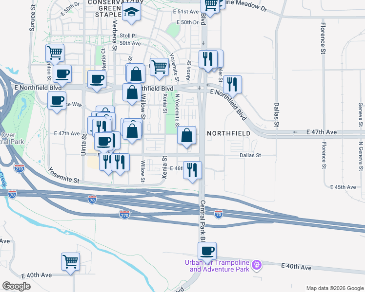 map of restaurants, bars, coffee shops, grocery stores, and more near 9200 Northfield Boulevard in Denver