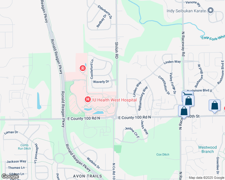 map of restaurants, bars, coffee shops, grocery stores, and more near 10439 Kensington Way in Indianapolis