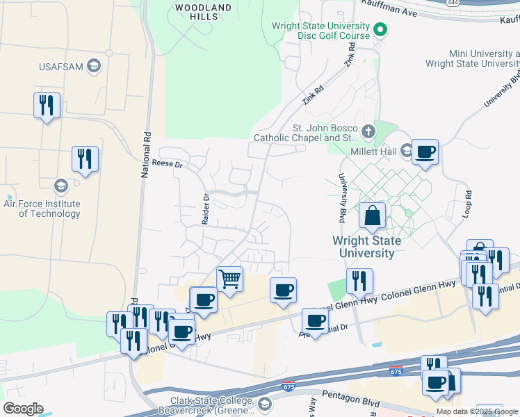 map of restaurants, bars, coffee shops, grocery stores, and more near 2322 Zink Road in Fairborn