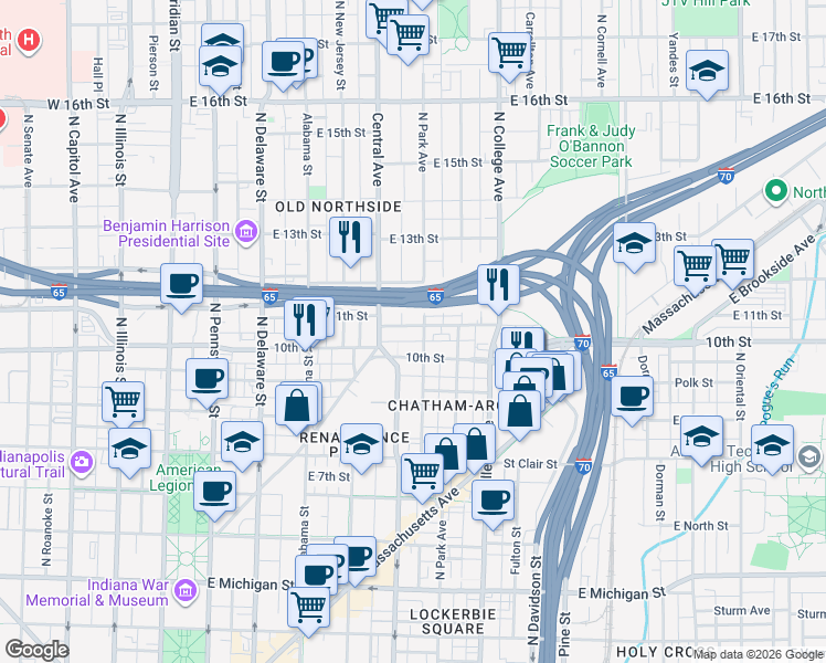 map of restaurants, bars, coffee shops, grocery stores, and more near 537 East 11th Street in Indianapolis