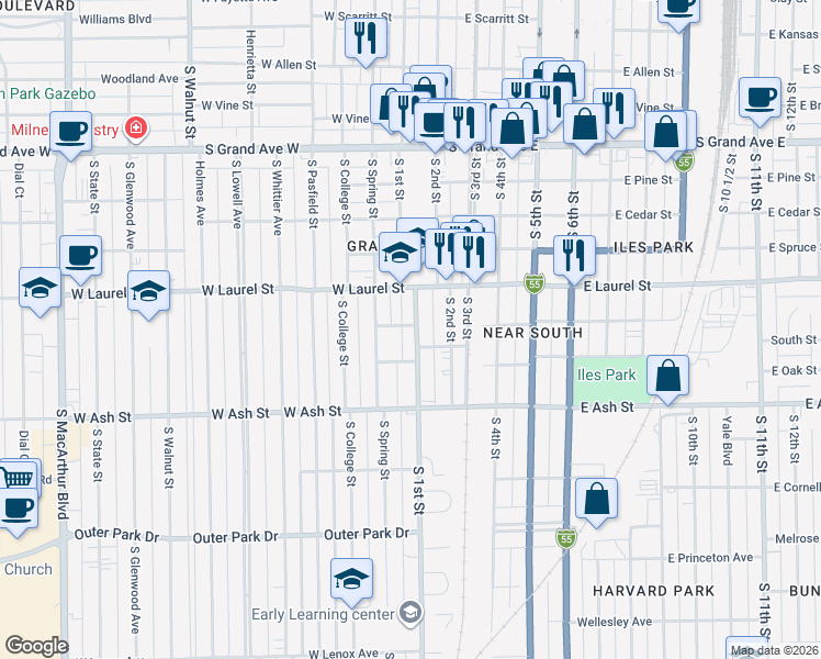 map of restaurants, bars, coffee shops, grocery stores, and more near 115-127 West Myrtle Street in Springfield
