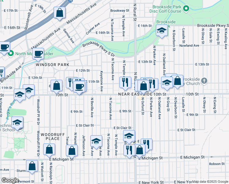 map of restaurants, bars, coffee shops, grocery stores, and more near 2512 East 10th Street in Indianapolis
