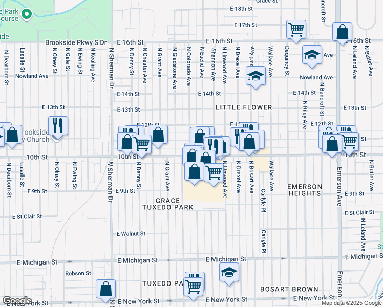 map of restaurants, bars, coffee shops, grocery stores, and more near 4304 East 10th Street in Indianapolis