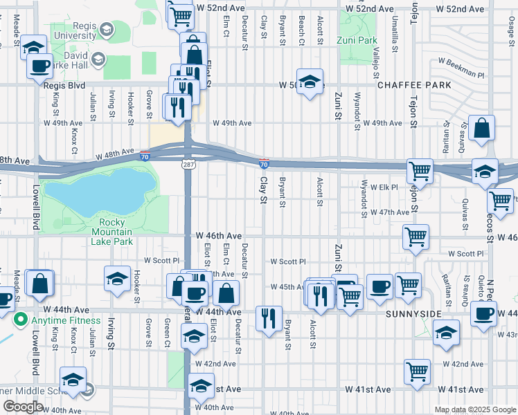map of restaurants, bars, coffee shops, grocery stores, and more near 4675 Clay Street in Denver