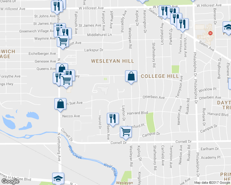 map of restaurants, bars, coffee shops, grocery stores, and more near 1629 Kings Mill Court in Dayton