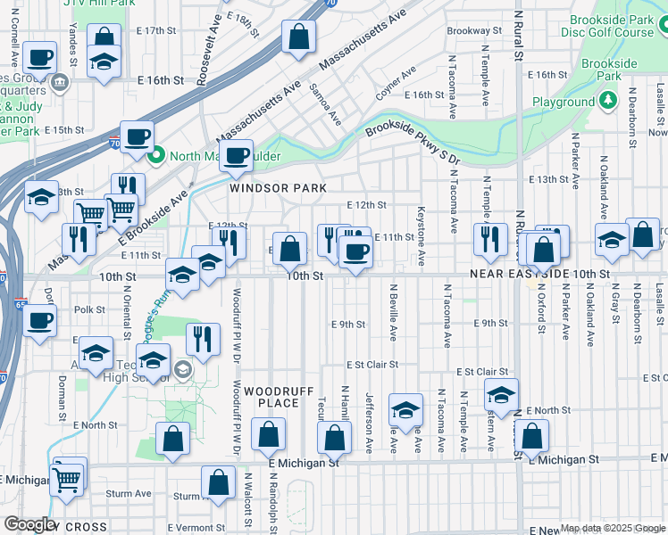 map of restaurants, bars, coffee shops, grocery stores, and more near 2026 East 10th Street in Indianapolis
