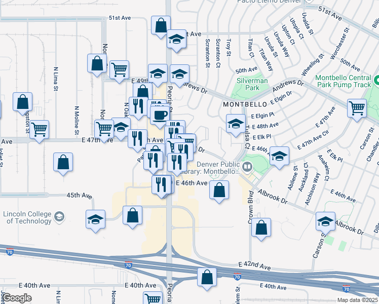 map of restaurants, bars, coffee shops, grocery stores, and more near 4660 Peoria Street in Denver