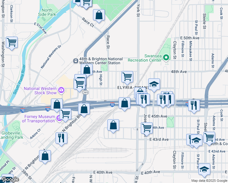 map of restaurants, bars, coffee shops, grocery stores, and more near 4671 Vine Street in Denver