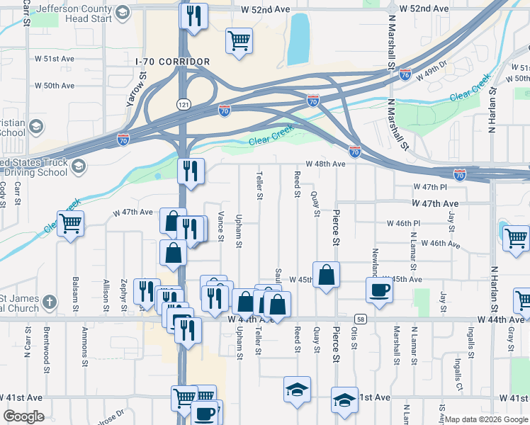 map of restaurants, bars, coffee shops, grocery stores, and more near 4622 Teller Street in Wheat Ridge
