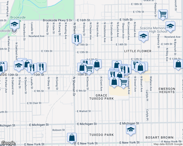 map of restaurants, bars, coffee shops, grocery stores, and more near 3912 East 10th Street in Indianapolis