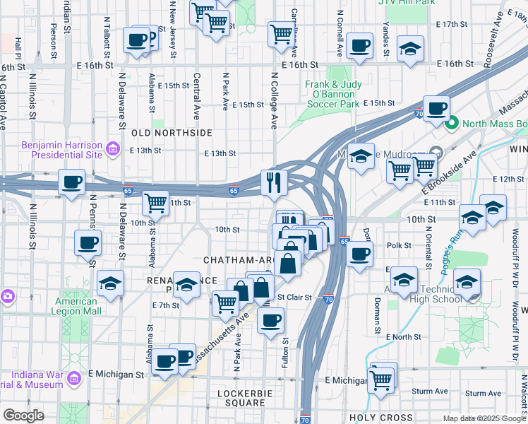 map of restaurants, bars, coffee shops, grocery stores, and more near 1030 North College Avenue in Indianapolis