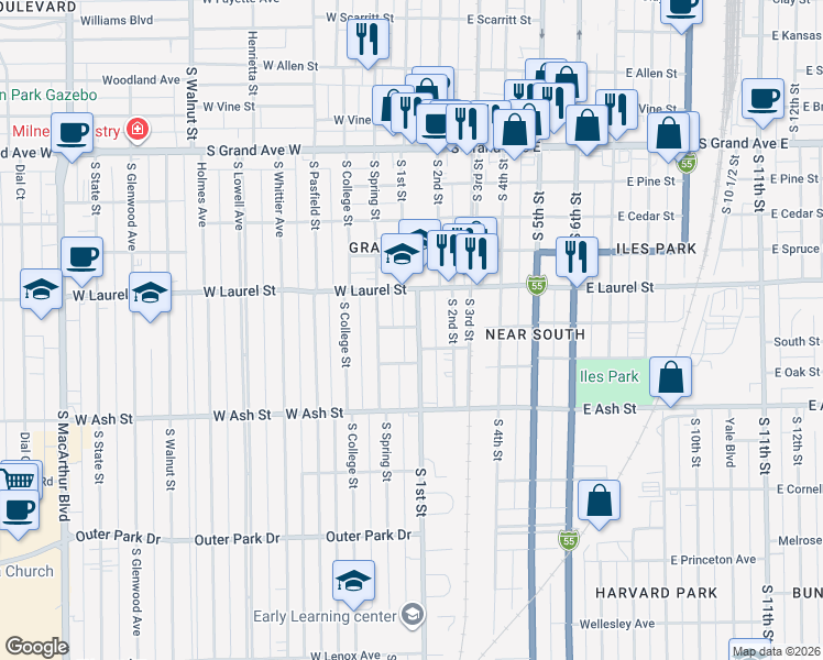 map of restaurants, bars, coffee shops, grocery stores, and more near 115-127 West Myrtle Street in Springfield