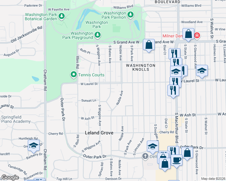 map of restaurants, bars, coffee shops, grocery stores, and more near 1700-1898 South Bates Avenue in Leland Grove