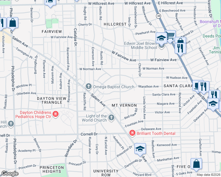 map of restaurants, bars, coffee shops, grocery stores, and more near 436 Brookside Drive in Dayton