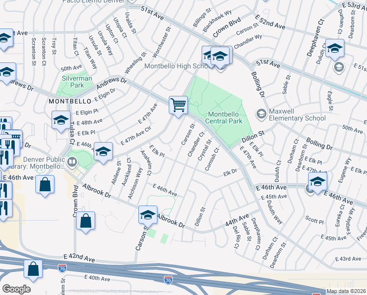 map of restaurants, bars, coffee shops, grocery stores, and more near 4802 Carson Street in Denver