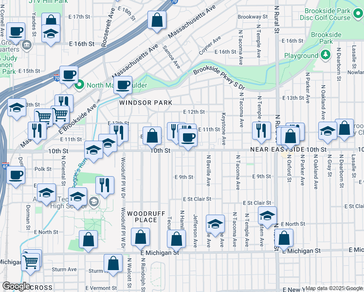 map of restaurants, bars, coffee shops, grocery stores, and more near 2026 East 10th Street in Indianapolis