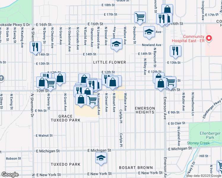 map of restaurants, bars, coffee shops, grocery stores, and more near 4624 East 10th Street in Indianapolis