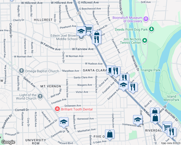 map of restaurants, bars, coffee shops, grocery stores, and more near 126 Marathon Avenue in Dayton