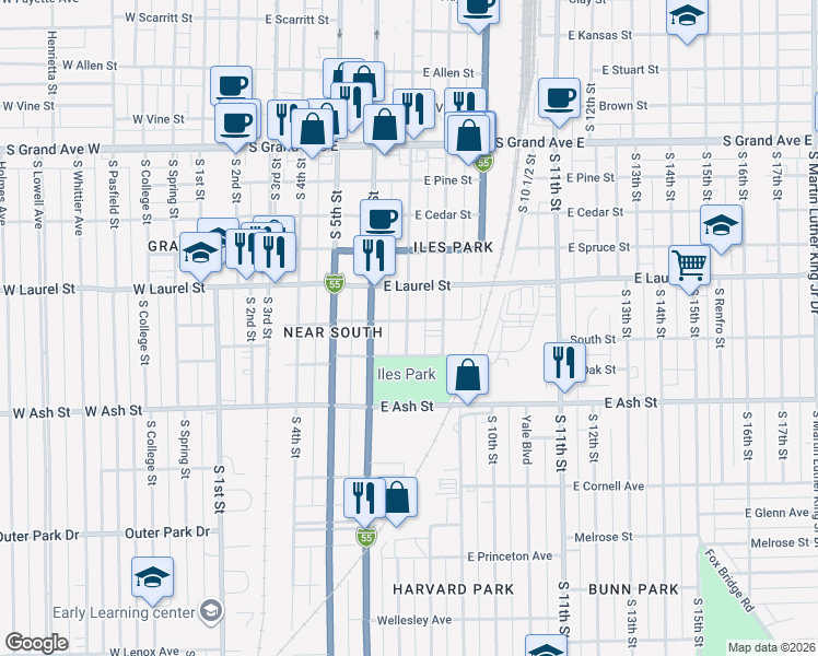 map of restaurants, bars, coffee shops, grocery stores, and more near 700 East Myrtle Street in Springfield
