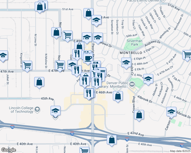 map of restaurants, bars, coffee shops, grocery stores, and more near 4670 Peoria Street in Denver