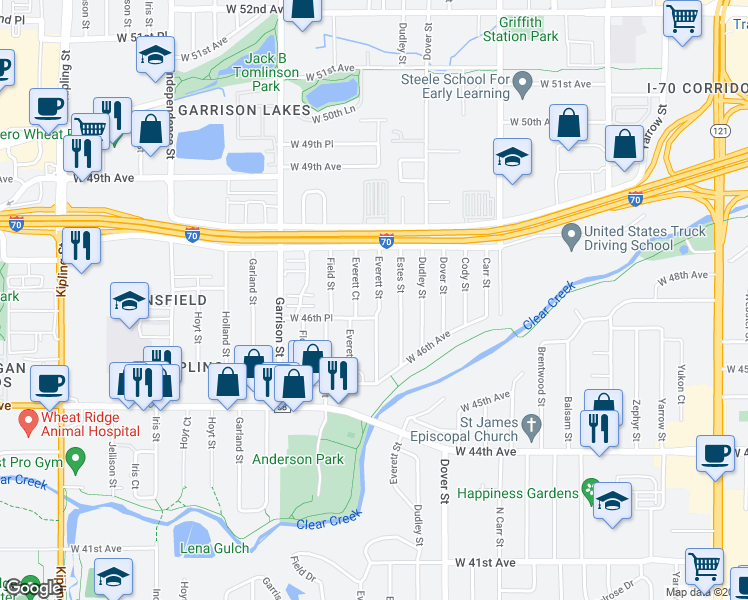 map of restaurants, bars, coffee shops, grocery stores, and more near 4675 Everett Street in Wheat Ridge