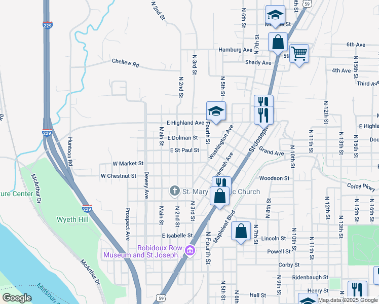 map of restaurants, bars, coffee shops, grocery stores, and more near 1918 North 3rd Street in Saint Joseph
