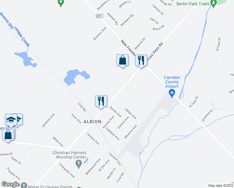 map of restaurants, bars, coffee shops, grocery stores, and more near Cross Keys Road in Berlin