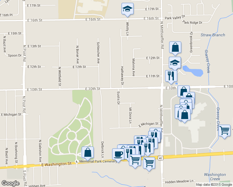 map of restaurants, bars, coffee shops, grocery stores, and more near 9535 East 10th Street in Indianapolis