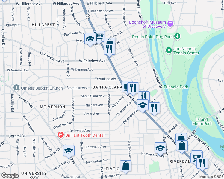 map of restaurants, bars, coffee shops, grocery stores, and more near 48 Marathon Ave in Dayton