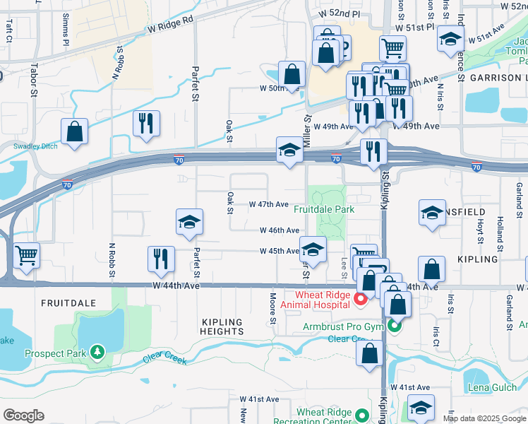map of restaurants, bars, coffee shops, grocery stores, and more near 10610 West 47th Avenue in Wheat Ridge