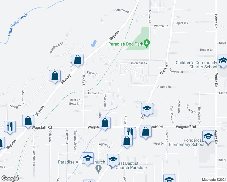 map of restaurants, bars, coffee shops, grocery stores, and more near 1389 Herman Lane in Paradise