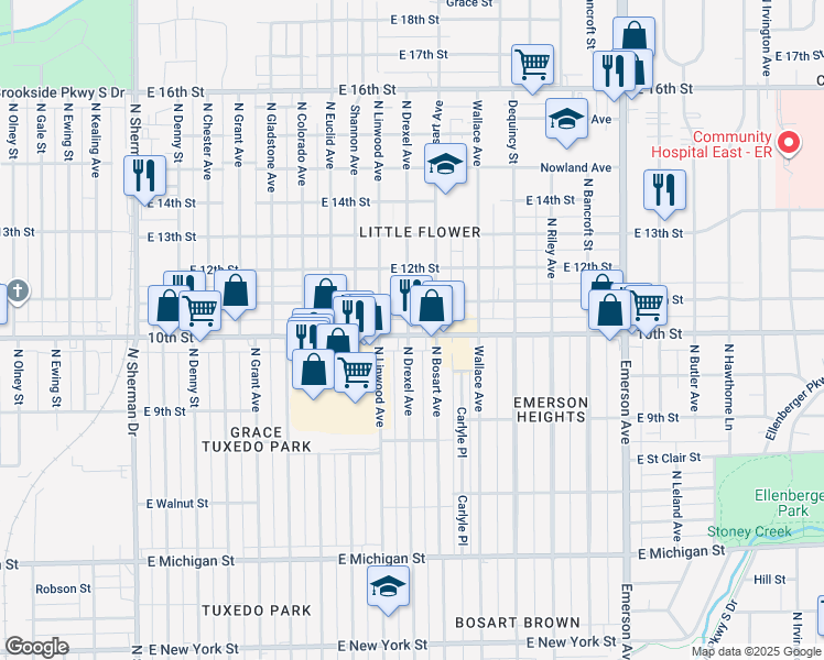 map of restaurants, bars, coffee shops, grocery stores, and more near 4624 East 10th Street in Indianapolis