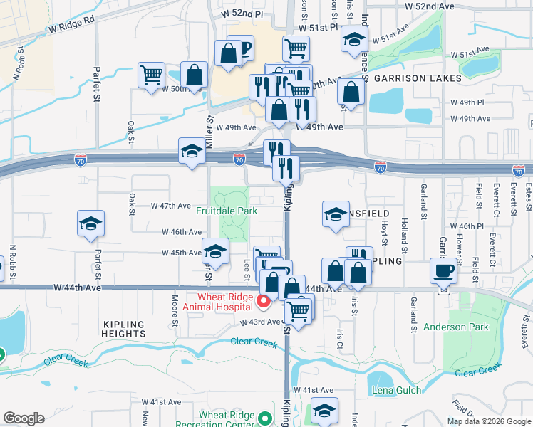 map of restaurants, bars, coffee shops, grocery stores, and more near 4661 Kipling Street in Wheat Ridge