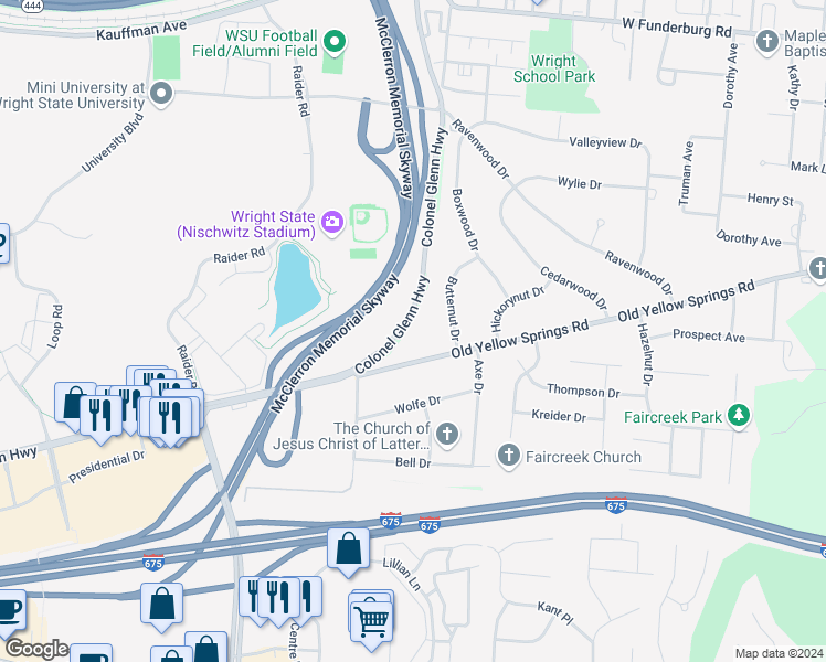 map of restaurants, bars, coffee shops, grocery stores, and more near 3081 Colonel Glenn Highway in Fairborn