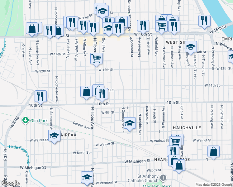 map of restaurants, bars, coffee shops, grocery stores, and more near 1025 North Centennial Street in Indianapolis