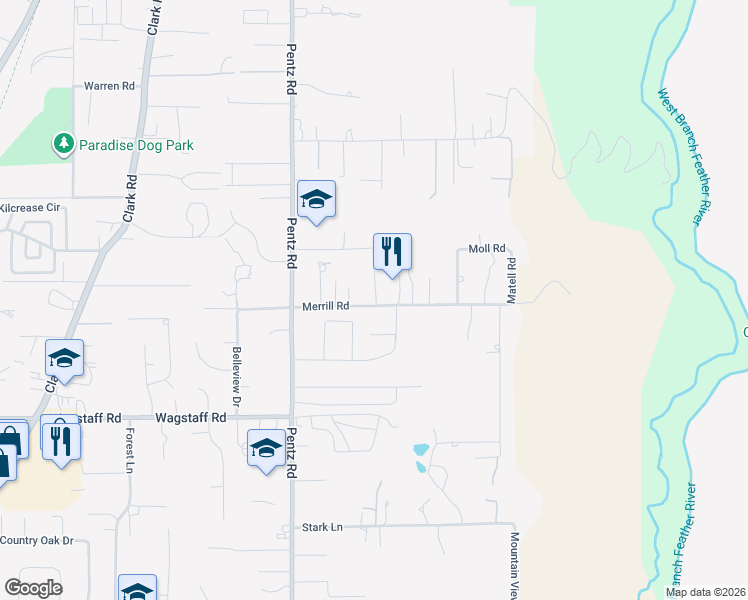map of restaurants, bars, coffee shops, grocery stores, and more near 1805 Merrill Road in Paradise