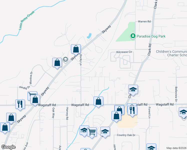map of restaurants, bars, coffee shops, grocery stores, and more near 6509 Daphne Lane in Paradise