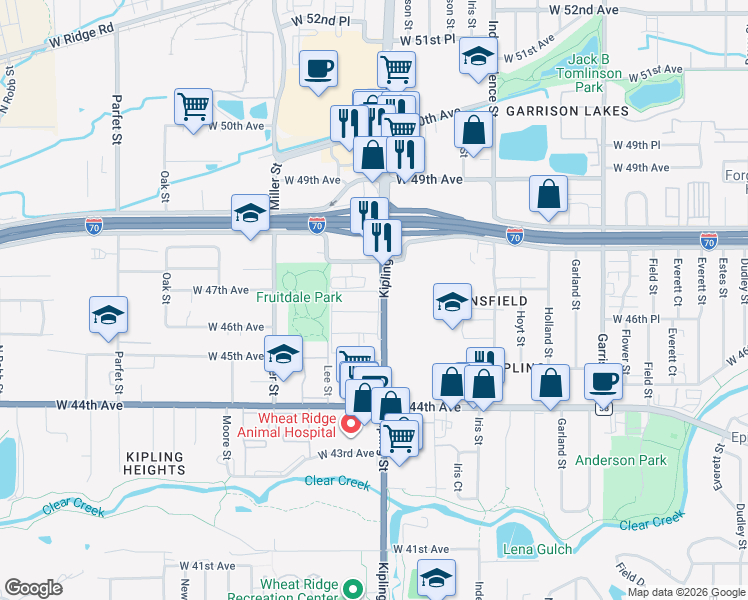 map of restaurants, bars, coffee shops, grocery stores, and more near 4665 Kipling Street in Wheat Ridge