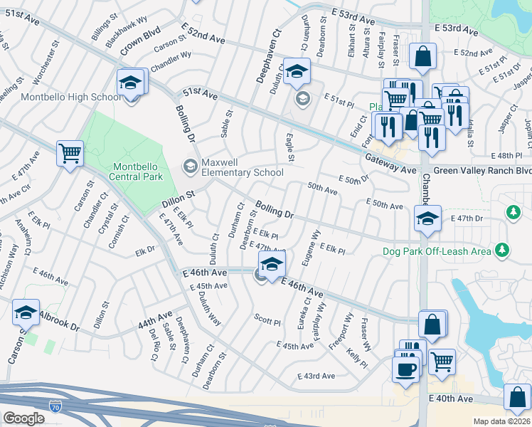 map of restaurants, bars, coffee shops, grocery stores, and more near 4852 Dearborn Street in Denver