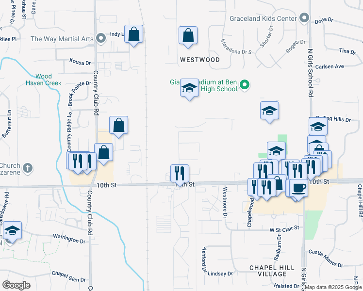map of restaurants, bars, coffee shops, grocery stores, and more near 7893 Maureen Terrace in Indianapolis