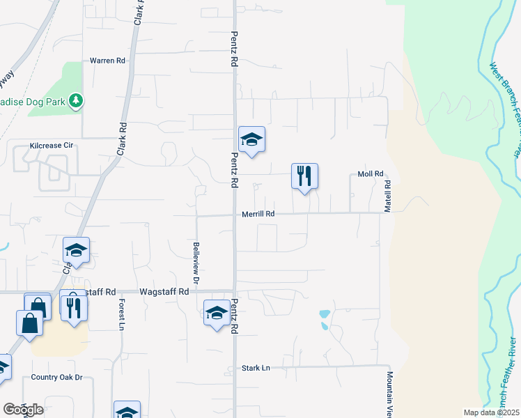 map of restaurants, bars, coffee shops, grocery stores, and more near 6790 Rexdale Lane in Paradise