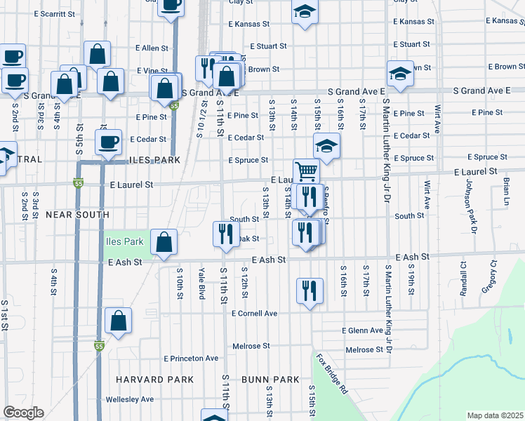 map of restaurants, bars, coffee shops, grocery stores, and more near 1851 South 13th Street in Springfield