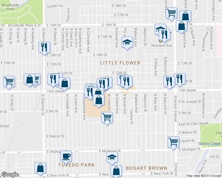 map of restaurants, bars, coffee shops, grocery stores, and more near 4506 East 10th Street in Indianapolis